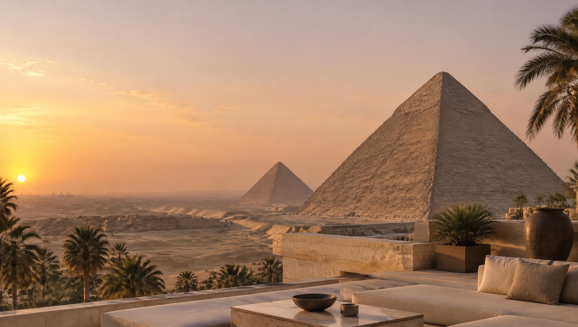 The Pyramids of Giza in the golden light of Cairo